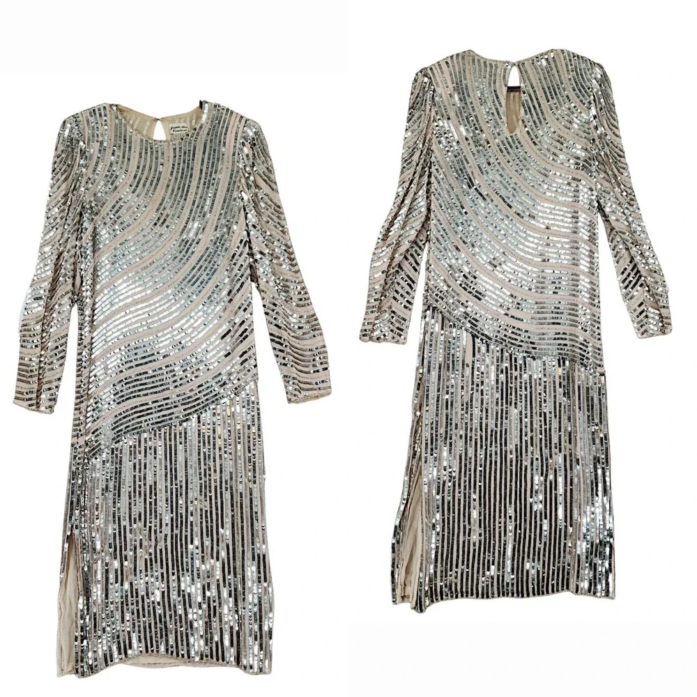 Judith Ann Creations Dress XS Women Silver Sequin Silk Long Sleeve Midi Vtg READ